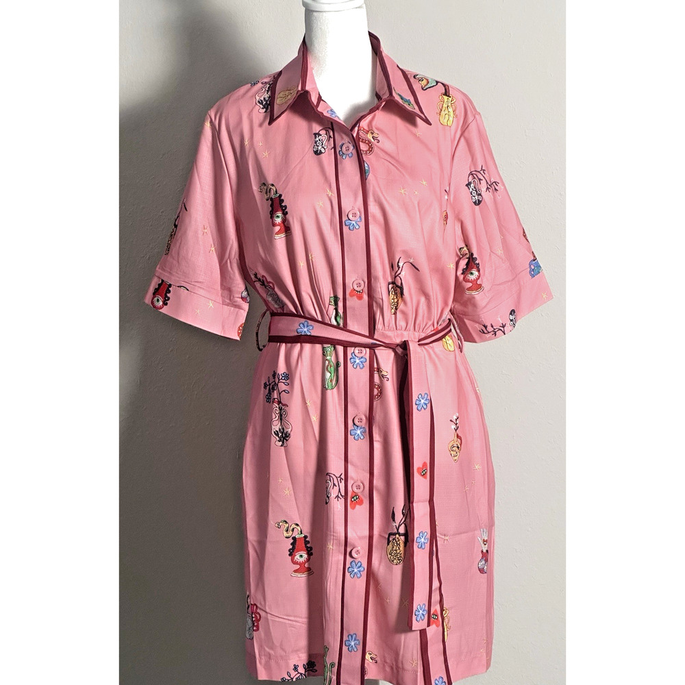 Women's Pink Printed Shirt Dress Collard Pink Belted Shirt Dress‎ Size (S)